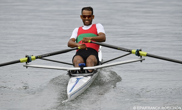 epa05464356 Alhussein Gambour of Libya during the men's Single Sculls repechange in the Rio 2016 Olympic Games Rowing events at the Lagoa Rodrigo de Freitas in Rio de Janeiro, Brazil, 08 August 2016.  EPA/FRANCK ROBICHON