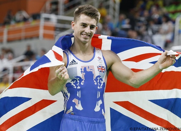 epa05484513 Max Whitlock of Great Britain celebrates after the men's Pommel Horse Final competition of the Rio 2016 Olympic Games Artistic Gymnastics events at the Rio Olympic Arena  EPA/TATYANA ZENKOVICH