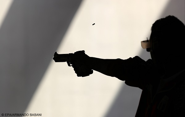 epa05479824 Ahmed Shaban of Egypt during 25m Rapid Fire Pistol Man's qualification during the Rio 2016 Olympic Games shooting events at the Olympic Shooting Centre in Rio de Janeiro, Brazil, 13 August 2016.  EPA/ARMANDO BABANI