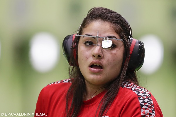 epa05461191 Afaf Elhodhod of Egypt reacts during the women's 10m Air Pistol qualification of the Rio 2016 Olympic Games Shooting events at the Olympic Shooting Centre in Rio de Janeiro, Brazil, 07 August 2016.  EPA/VALDRIN XHEMAJ
