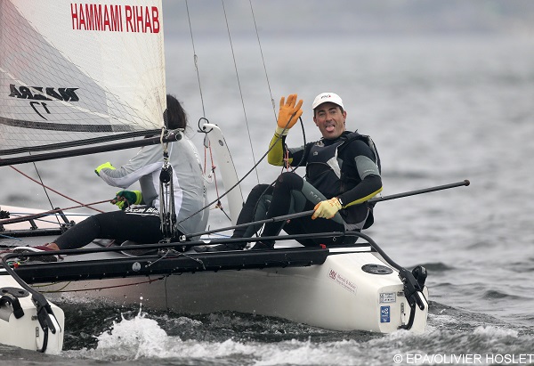 epa05463041 Tunisian  Nacra 17 sailors Rihab Hammami and Hedi Gharbi during practice session in Guanabara Bay in Rio de Janeiro, Brazil, 07 August 2016. Sailing events at 2016 Olympic Games start on 08 August.  EPA/OLIVIER HOSLET